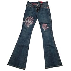 Western Denim Bank Vintage Y2K Rhinestone Rose Flare Jeans Dark Wash Low Rise 34